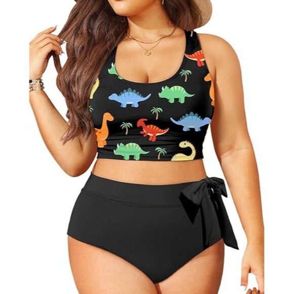 Tempt Me Plus Size 16 Bikini Set Womens Dino Print Crop Top Black High Waisted - Picture 1 of 8